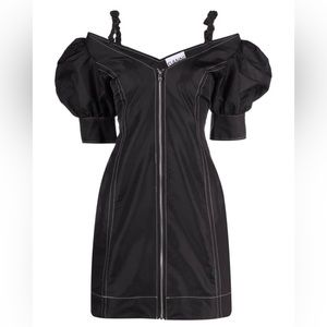 Ganni Taffeta Puff Sleeve V Neck Black Minidress Size 10